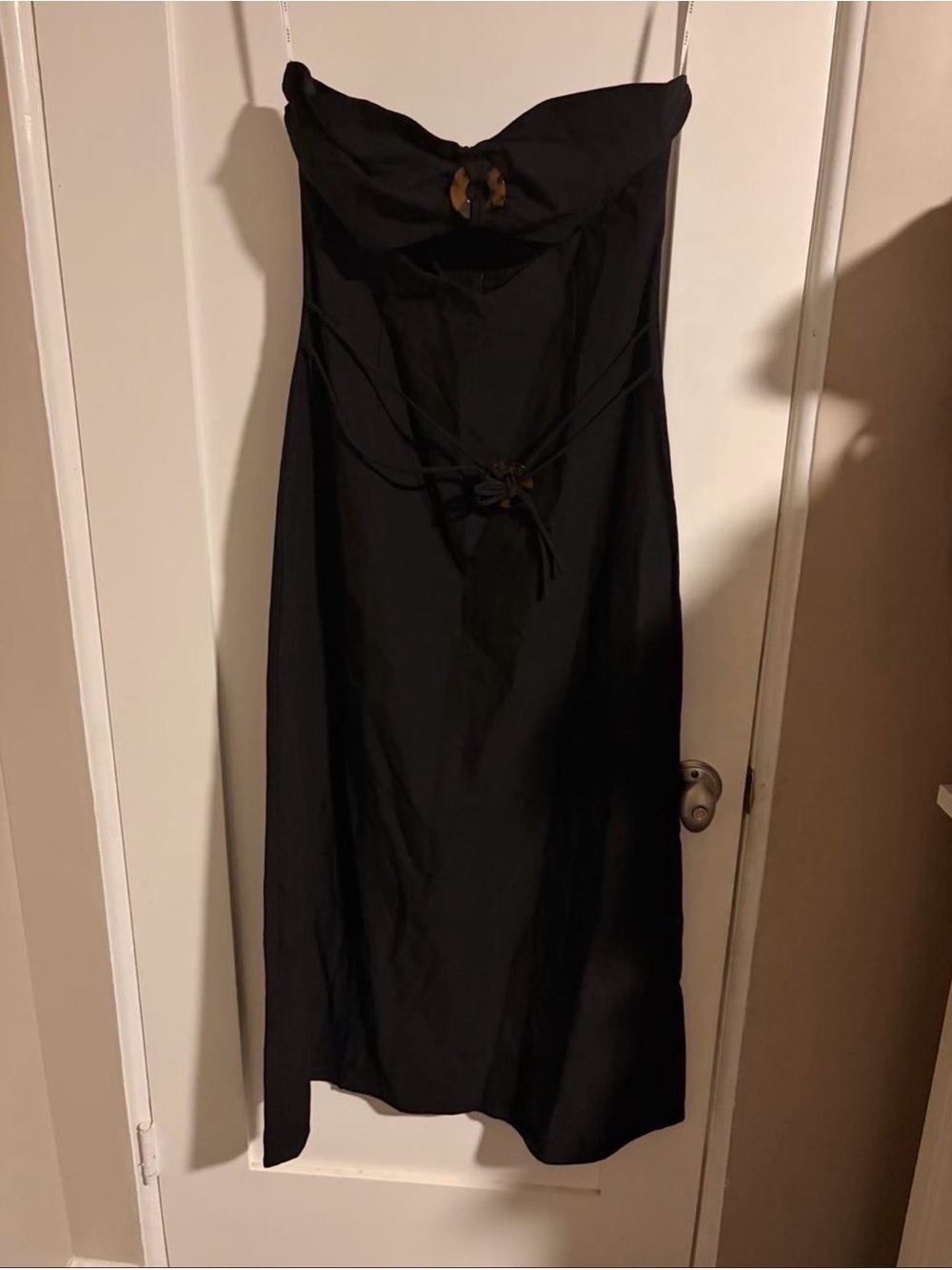 Strapless Black Midi Dress with Decorative Accent